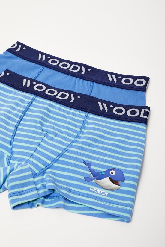 Woody duopack boxershort jongens – blauw gestreept + effen – walvis – 231-1-CLE-Z/017 – maat 140