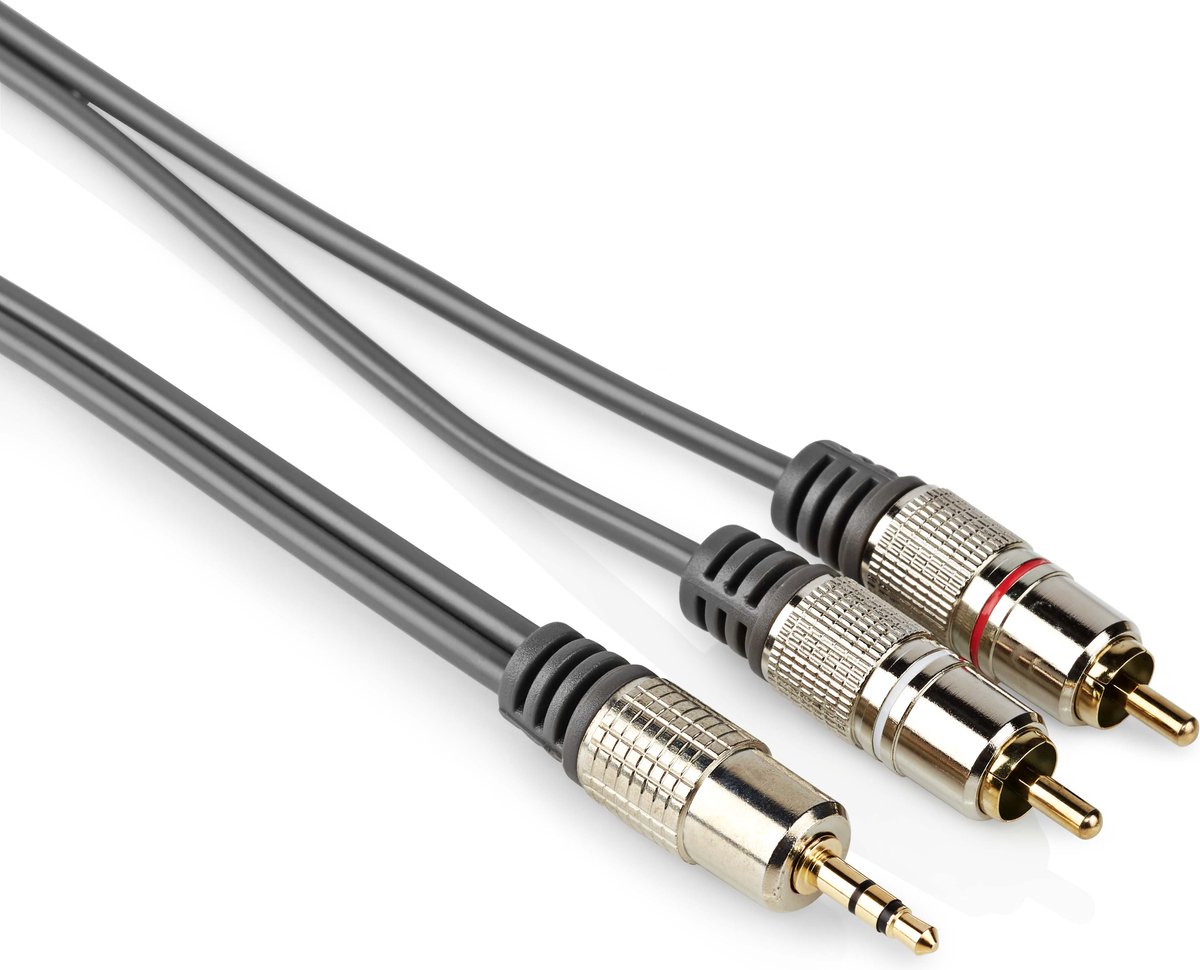 Jack naar tulp kabel - 3.5mm - Stereo - Analoog - Dubbele afscherming - Verguld - 5 meter - Donkergrijs - Allteq - Allteq