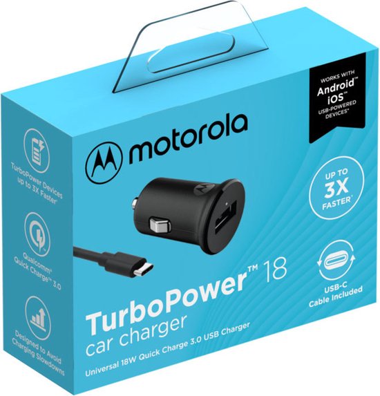 Motorola TurboPower Autolader met USB-C Kabel - 18W - Zwart