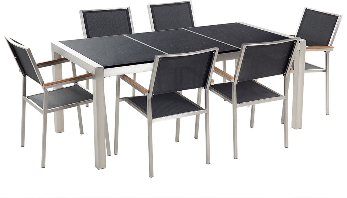 Zwarte tuinset voor 6 personen met granieten tafelblad.