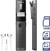 TIKKENS® Digitale Voice Recorder / Dictafoon - 16GB Interne Opslag - USB Oplaadbaar - MP3 en WAV Ruisonderdrukking - Inclusief Oortjes - Klein & Compact Mini Formaat - Zwart