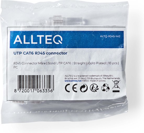 Modulaire RJ45 stekker - Cat 6 - Vaste kern - Verguld - Transparant - 10 stuks - Allteq