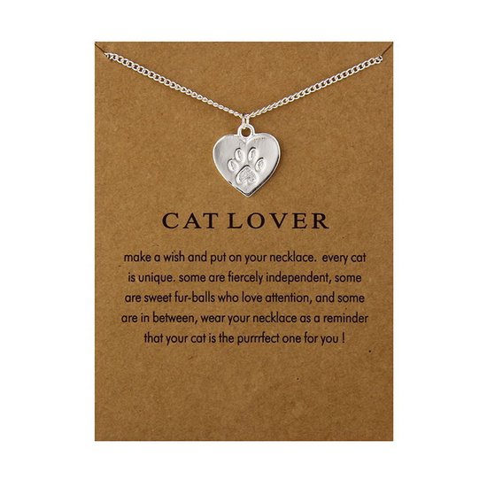 Bixorp Luck Silver Ladies Necklace with Heart & Paw - "Cat Lover" - 45/50cm - Cadeau Saint Valentin - Cadeau Femme - Couleur argent