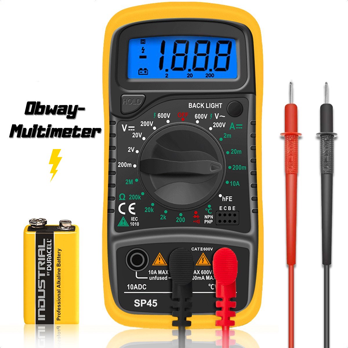 Obway Digitale Multimeter Pro AC / DC Incl. 9V Batterij Meetkabels &...