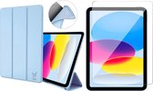 Hoes met Screenprotector geschikt voor iPad 2022 10.9 inch 10e Generatie - Trifold Smart Cover Book Case Leer Tablet Hoesje Baby Blauw + Gehard Glas Screen Protector