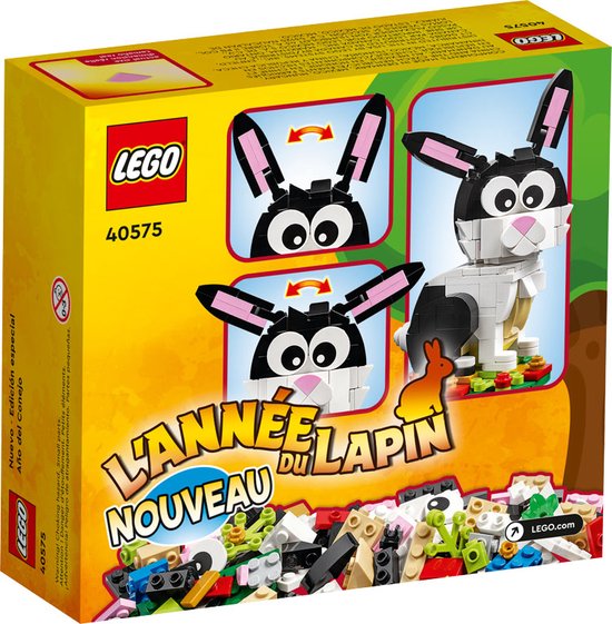 Le dos de la boîte LEGO "L'Année du Lapin" avec des instructions de montage, un lapin LEGO et des briques détachées.