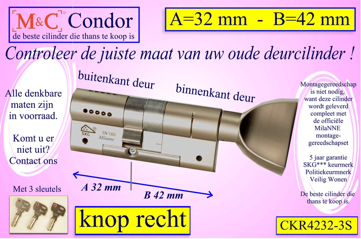 M&C Condor high security deurcilinder met Knop OVAAL 67x32 mm met 3 sleutels - SKG*** - Politiekeurmerk Veilig Wonen - inclusief MilaNNE gereedschap montageset