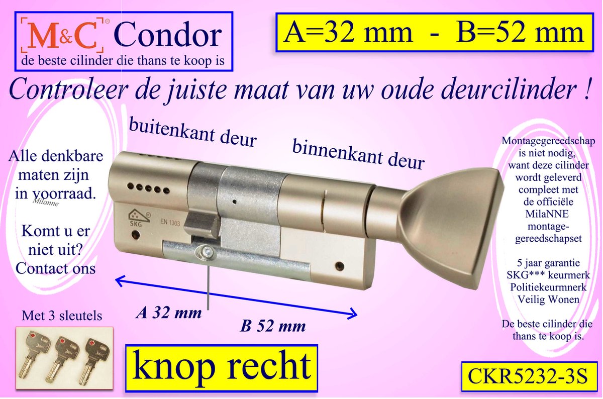 M&C Condor - Cilinderslot - SKG*** - 57x62 mm - Politiekeurmerk Veilig Wonen