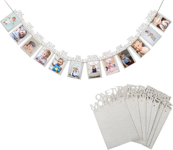 Baby Foto Slinger - Eerste Jaar - 1 tot 12 maanden - Fotoslinger - Eerste Verjaardag Baby - Kleur: Zilver - Fotoslinger voor Babyfoto's - Verjaardag Versiering / Verjaardag Slinger - Baby Herinneringen - Foto Slinger - Feestversiering