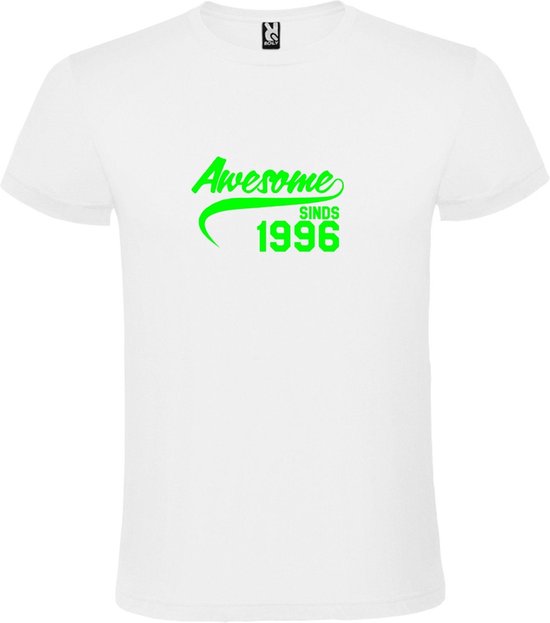 Wit T-Shirt met “Awesome sinds 1996 “ Afbeelding Neon Groen Size M