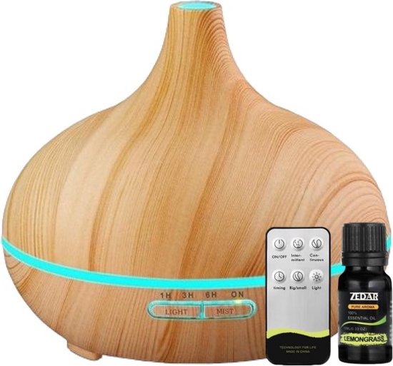 Aroma Diffuser 550ML met Lemongrass Olie en Afstandsbediening - Luchtbevochtiger – Aromatherapie - Geurverspreider - Hout look van Zedar