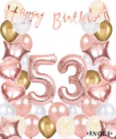 Snoes Ballonnen 53 Jaar Rose Gold White Dots - Compleet Feestpakket met cijfer ballon 53 jaar - Verjaardag Versiering Slinger Happy Birthday – Folieballon – Latex Ballonnen - Helium Ballonnen - Rose Feestpakket