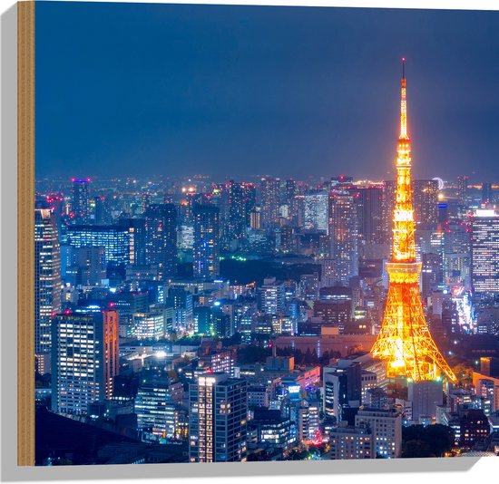 Hout - Skyline in Tokio met Verlichte Tokiotoren - 50x50 cm - 9 mm dik - Foto op Hout (Met Ophangsysteem)