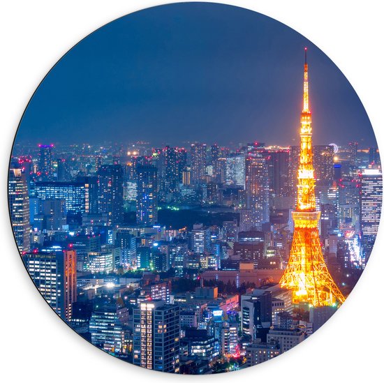 Dibond Muurcirkel - Skyline in Tokio met Verlichte Tokiotoren - 60x60 cm Foto op Aluminium Muurcirkel (met ophangsysteem)
