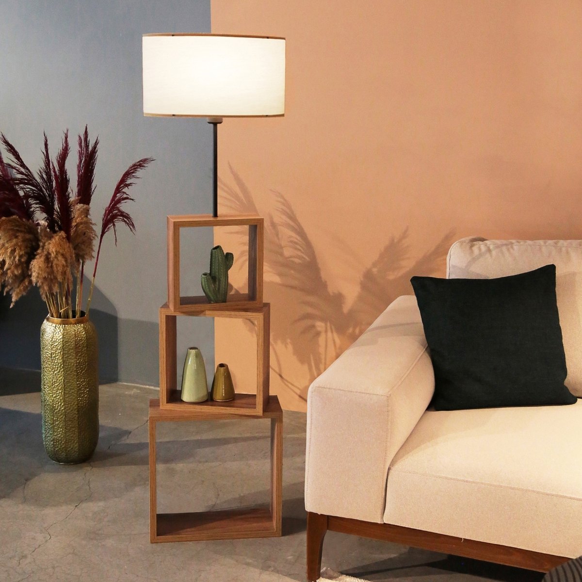 Staande lamp Mansfield 140 cm E27 houtkleurig zwart en creme