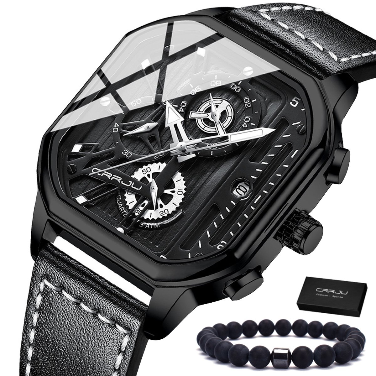 CRRJU Horloge Heren Horloges voor Mannen Watch Herenhorloge - Incl. Armband & Horlogebox Geschenkdoos - Zwart