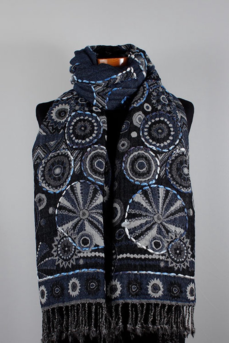 Wollen geborduurde sjaal en omslagdoek Donker-Blauw