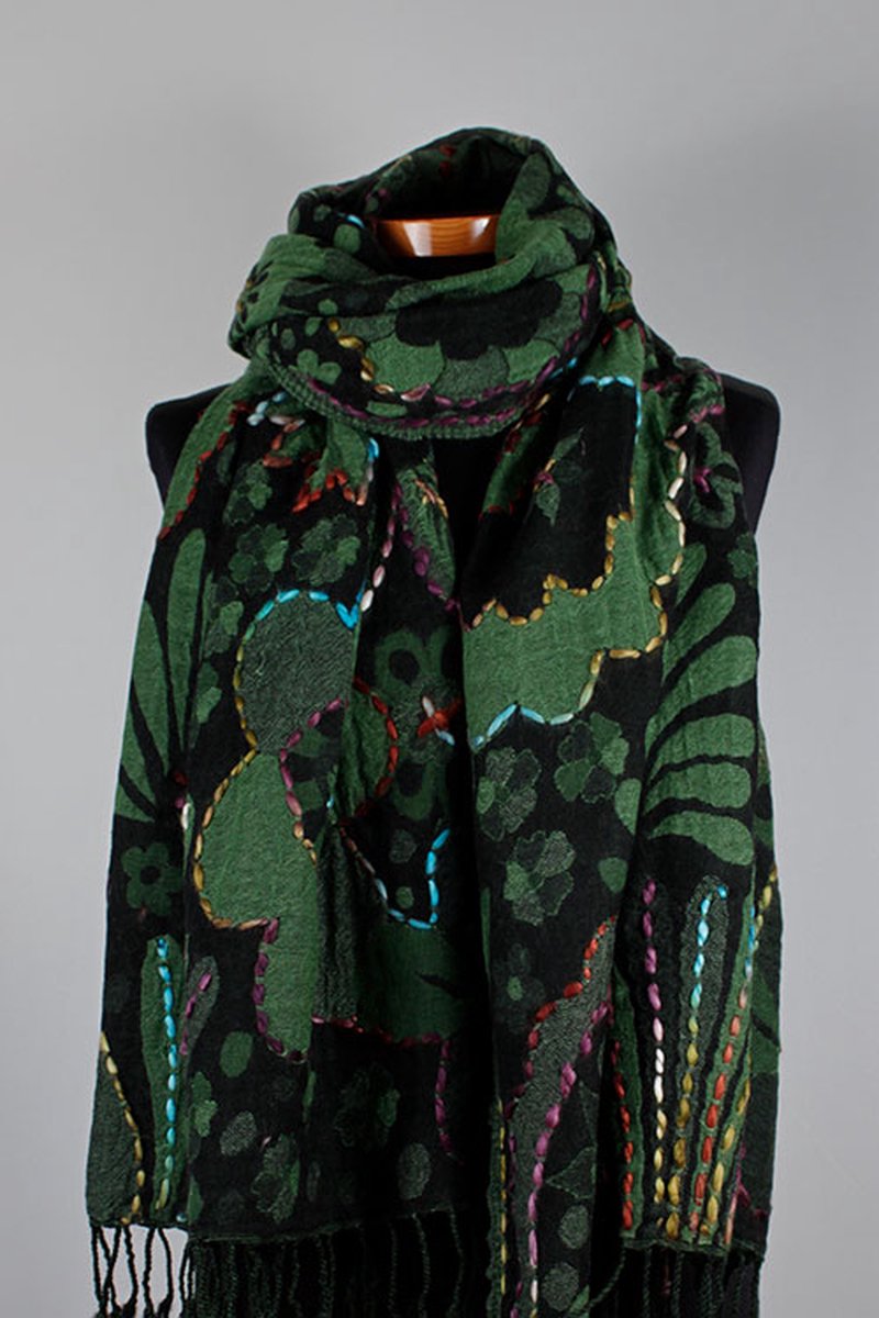 Wollen geborduurde sjaal en omslagdoek Donkergroen 72 x 185 cm