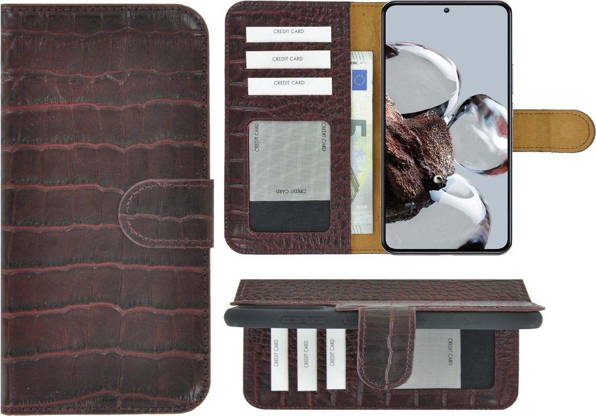MoDo hoesje Geschikt voor Xiaomi 12T/ 12T Pro - Echt Leer Book Case - Croco bordeauxrood