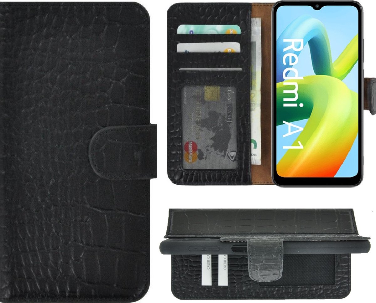MoDo hoesje Geschikt voor Xiaomi Redmi A1/ Redmi A2 - Echt Leer Book Case - Croco Zwart