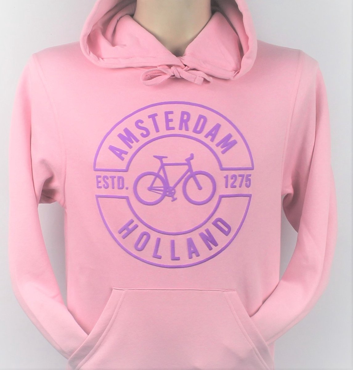 Hooded Sweater - Met Trekkoord - Capuchon - Chill - Trui - Vest - met capuchon - Outdoor - Fiets - Discover - 1275 -Amsterdam - Bike Town - Travel - Paarse Fiets - Licht Roze - Maat XS