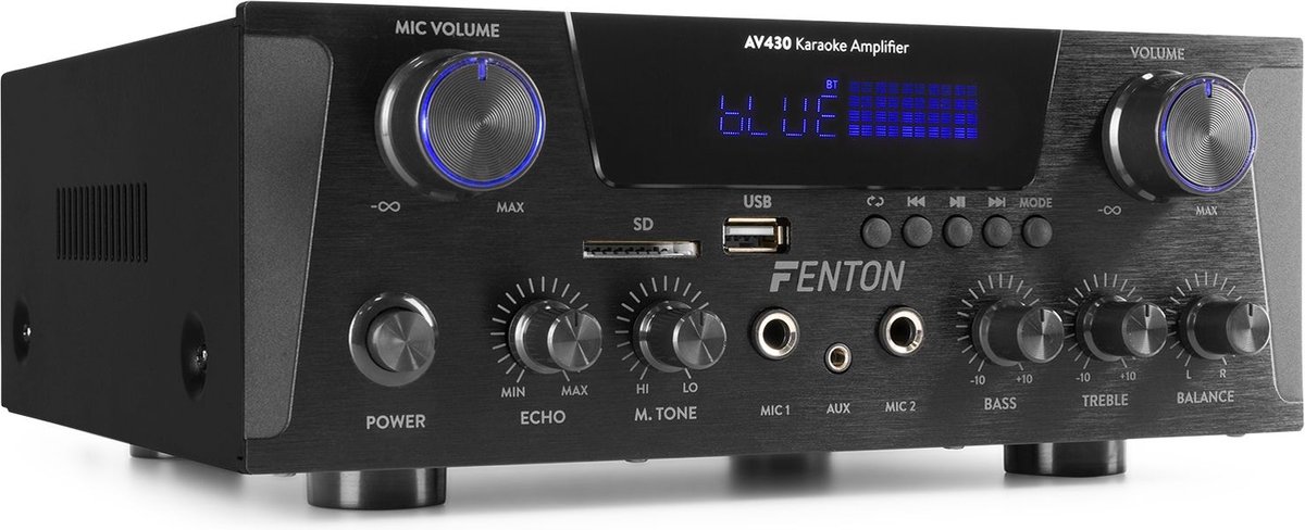 Karaoke versterker met Bluetooth - Fenton AV430B - 600W - 2 microfooningangen met echo - mp3 speler - Fenton