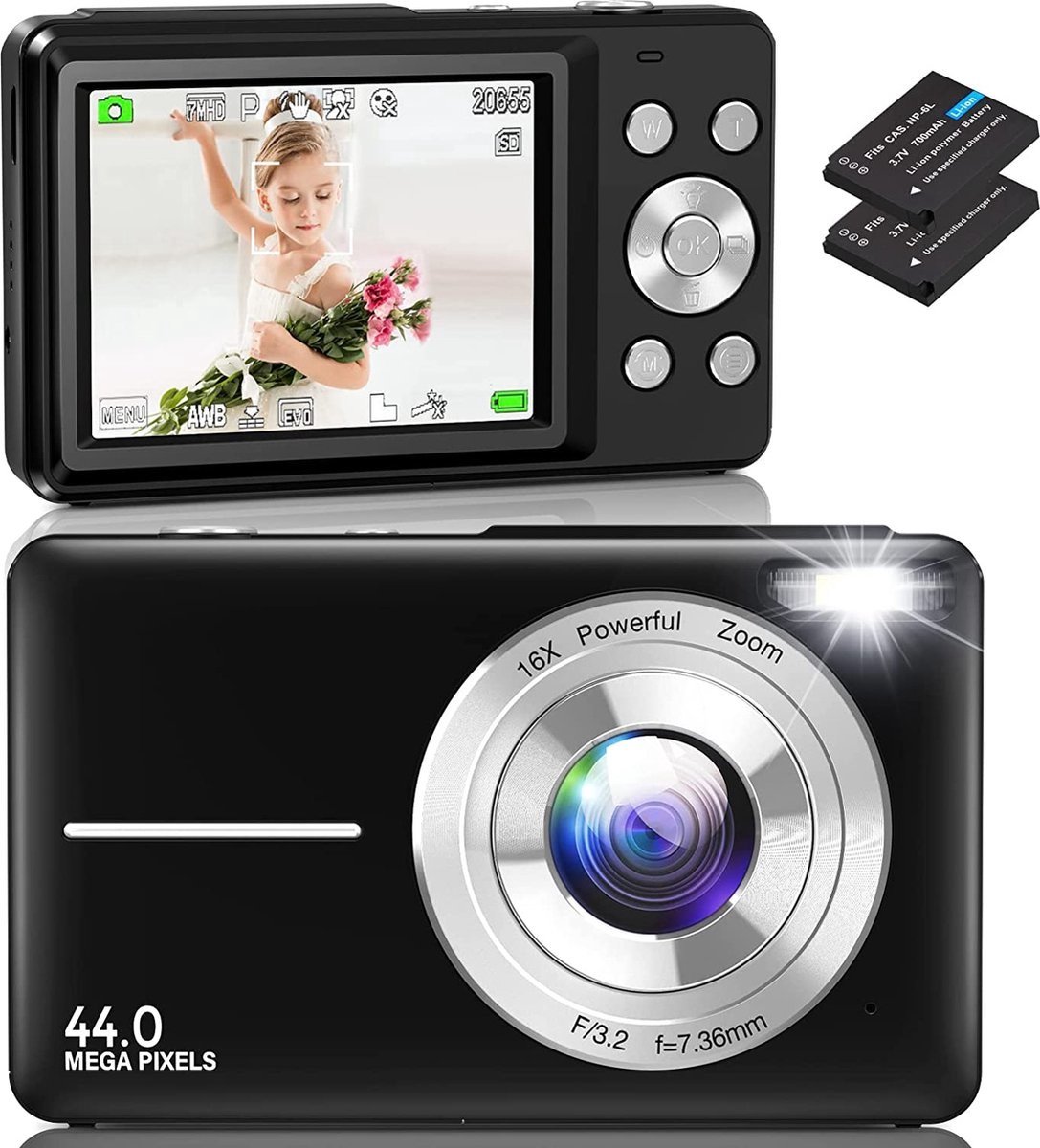 Appareil Photo Numérique,1080P HD Compact Camera 2,4 Pouces LCD  Rechargeable 36 MP Zoom Numérique 16X avec Carte SD 32G,Cadeau pour