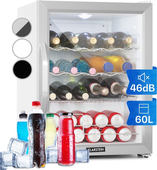 Klarstein Beersafe XL Crystal White - Mini Koelkast 60 Liter - 4 Plateaus - Glazen Panoramadeur - Instelbare Temperatuur - 5 Standen - Sneeuwwitte Binnenkant - Roestvrijstalen Front En Handvat - Thermo-Elektrisch Koelsysteem - Roestvrij Staal