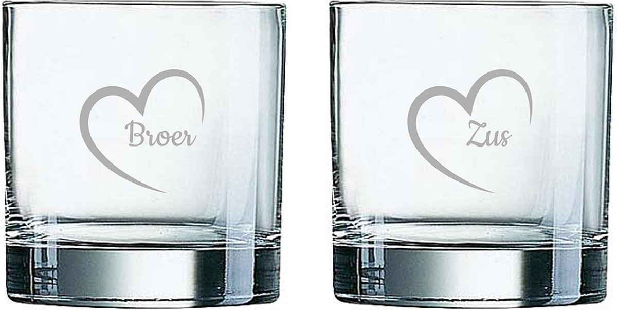 Gegraveerde Whiskeyglas 38cl Broer met hartje & Zus met hartje