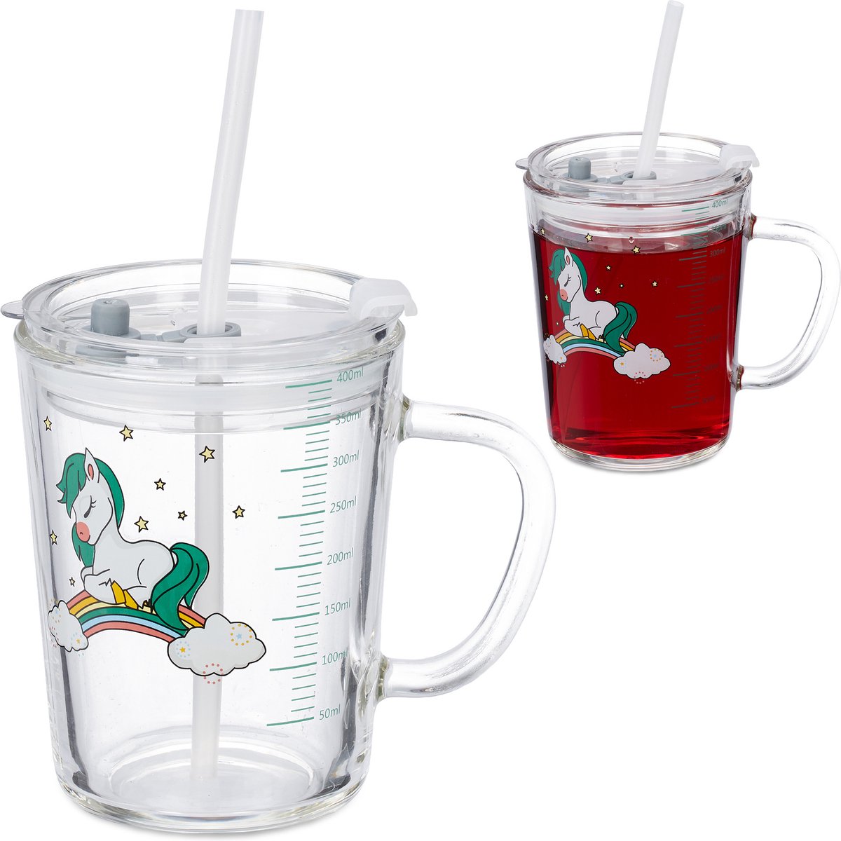 Verres à boire Relaxdays - lot de 2 - design licorne - verres pour enfants  - couvercle... | bol.com