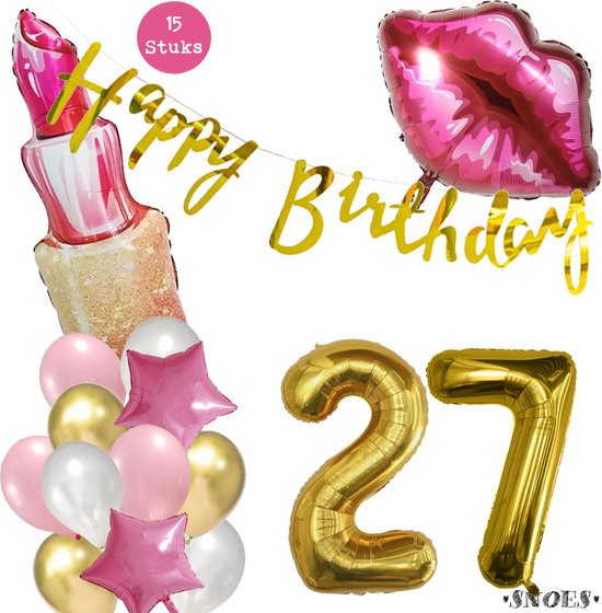 Snoes Beauty Helium Ballonnen Set 27 Jaar - Roze Folieballonnen - Slinger Happy Birthday Goud
