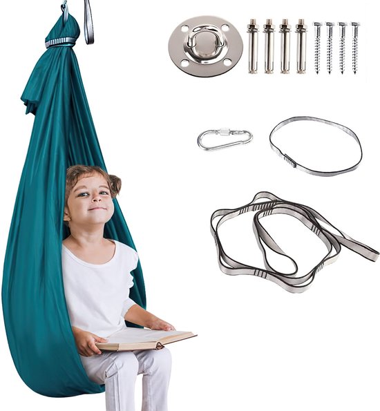Sensorische Hangschommel Voor Kinderen - Indoor en Outdoor - Schommel - Hangmat - Ontspannende en Kalmerende werking - Sensomotorisch - Groenblauw