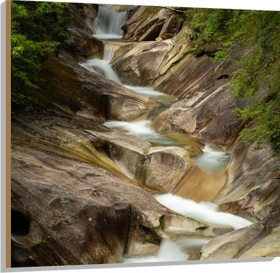 WallClassics - Hout - Rustig Riviertje in Landschap - 100x100 cm - 9 mm dik - Foto op Hout (Met Ophangsysteem)