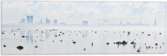 WallClassics - Vlag - Mist bij Skyline achter Meer met Vogels - 60x20 cm Foto op Polyester Vlag