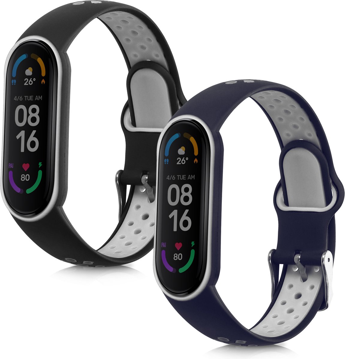 kwmobile 2x armband geschikt voor Xiaomi Mi Smart Band 6 / Mi Band 6 / Band 5 - Bandjes voor fitnesstracker in zwart / grijs / donkerblauw / wit - kwmobile