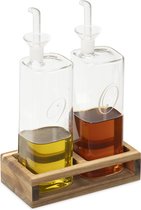 Navaris Set van oliefles en azijnfles - Twee navulbare flesjes met schenktuit - Glazen flessen met dispenser voor azijn en olie - In houten houder