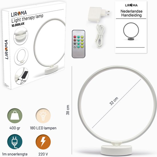 LIROMA® Daglichtlamp - Opberghoes - ⌀ 32 - 10.000 LUX - USB poort - 3 Kleuren - Bureaulamp - Lichttherapielamp - Lichttherapie
