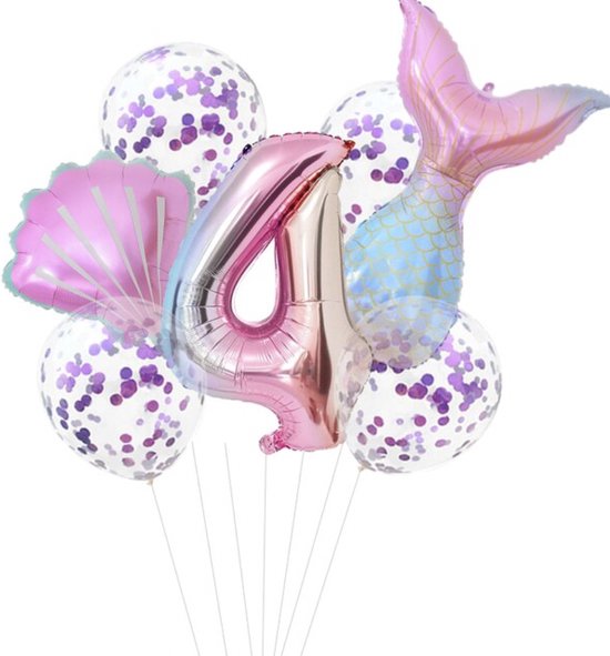 Mermaid Ballonnen - 7 Stuks - De kleine zeemeermin / The Little Mermaid - 4 Jaar - Verjaardag Versiering / Feestpakket - Ballonnen Set - Kinderfeestje Zeemeermin Thema - Roze ballon - Blauwe ballon- Paarse ballon - Happy Birthday