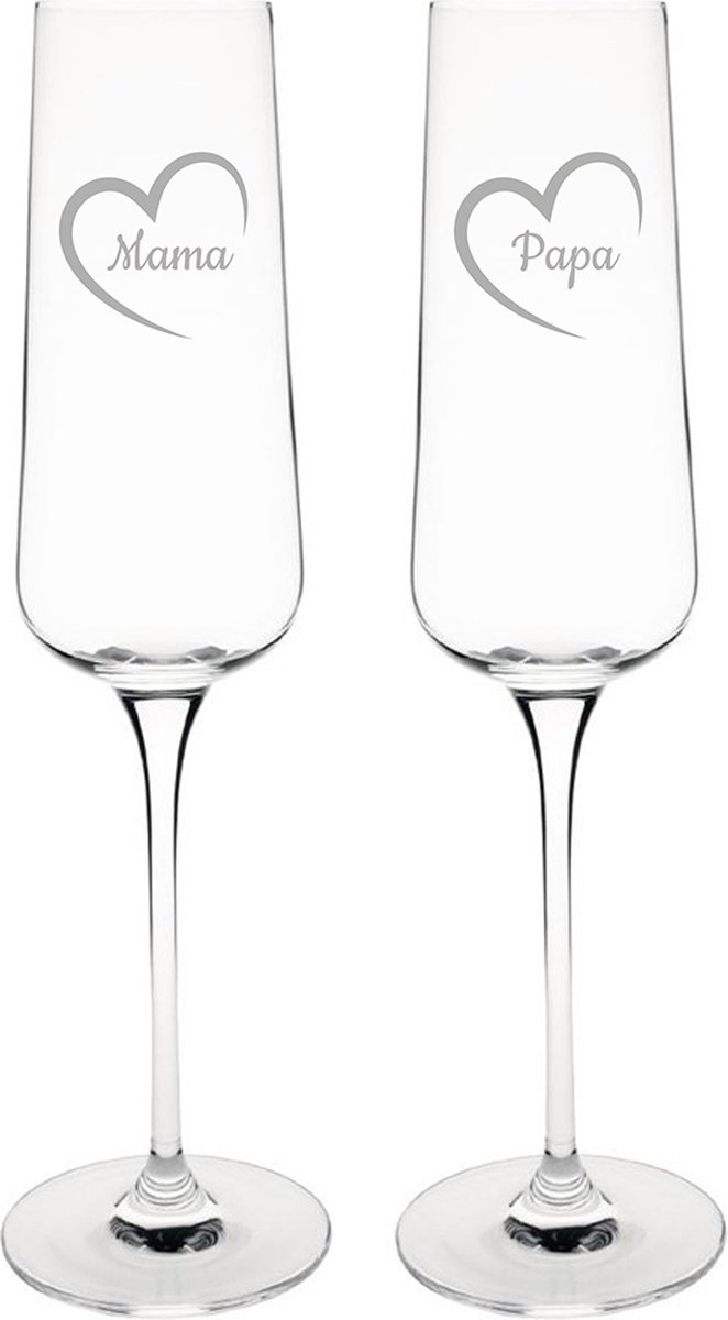 Gegraveerde Champagneglas 27cl Mama met hartje & Papa met hartje
