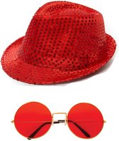 Toppers in concert - Folat - Verkleedkleding set - Glitter hoed/party bril rood volwassenen