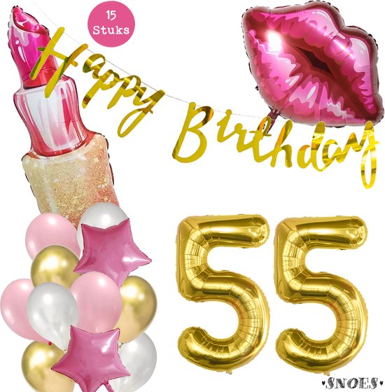 Snoes Beauty Helium Ballonnen Set 55 Jaar - Roze Folieballonnen - Slinger Happy Birthday Goud