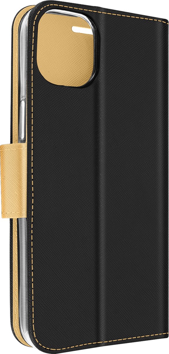 Avizar Étui pour Geschikt voor Apple iPhone 14 Portefeuille Porte carte Support Vidéo Bicolore et or, Zwart