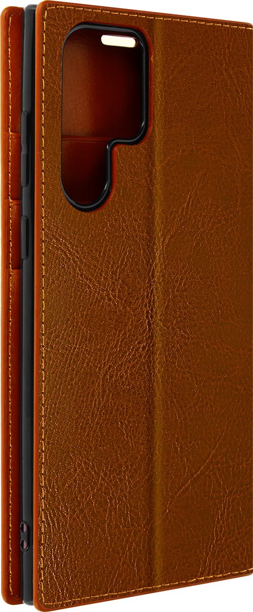 Geschikt voor Samsung Galaxy S22 Ultra Folio Case Echt leer Video-ondersteuning – Camel