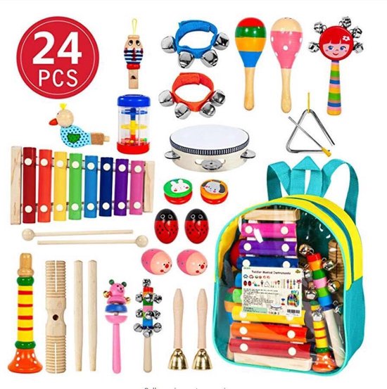 Houten Muziekinstrumenten Set met Rugzak - 24 stuks - Muziek - Speelgoed - Vroege educatieve ontwikkeling - Jongen en meisjes - Kinderen - 3 jaar - Gift - Cadeau