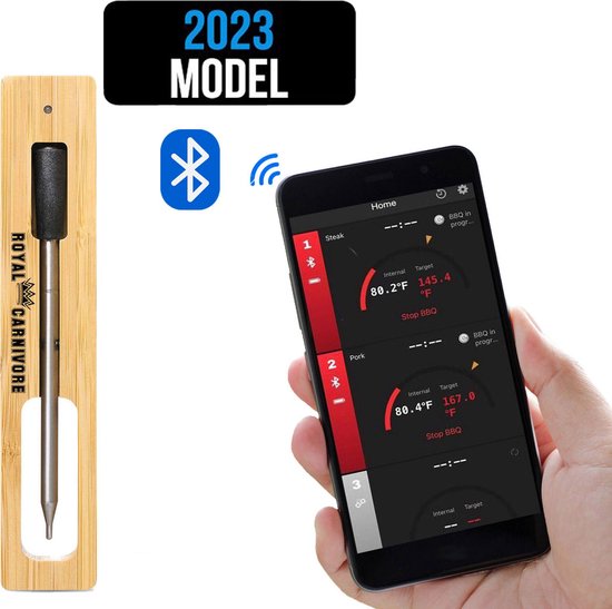 ROYAL CARNIVORE® | Draadloze BBQ thermometer | Barbecue vleesthermometer | Kernthermometer | Bluetooth met App