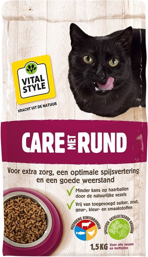 VITALstyle Care Met Rund - Kattenbrokken - Gevarieerde Voeding Voor Een Levenlustige Kat - Met o.a. Peterselie & Smalle Weegbree - 1,5 kg