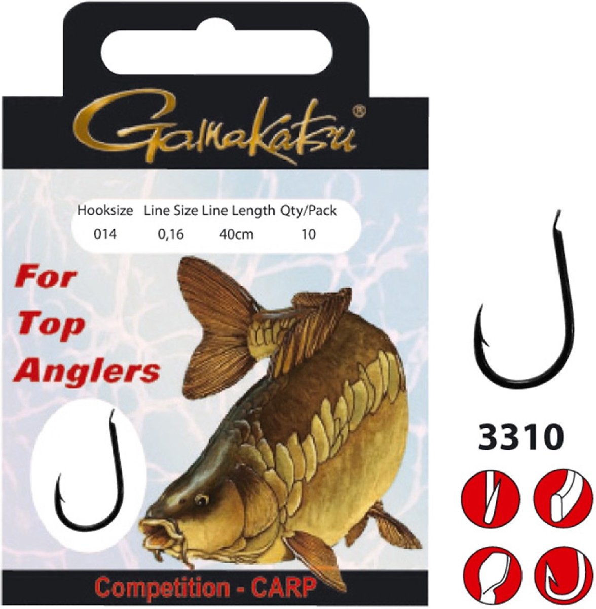 Gamakatsu Onderlijnen Competition Carp Haak 3310B - 40cm (10 pcs) - Maat : 40cm - haak 14 - 0.14mm