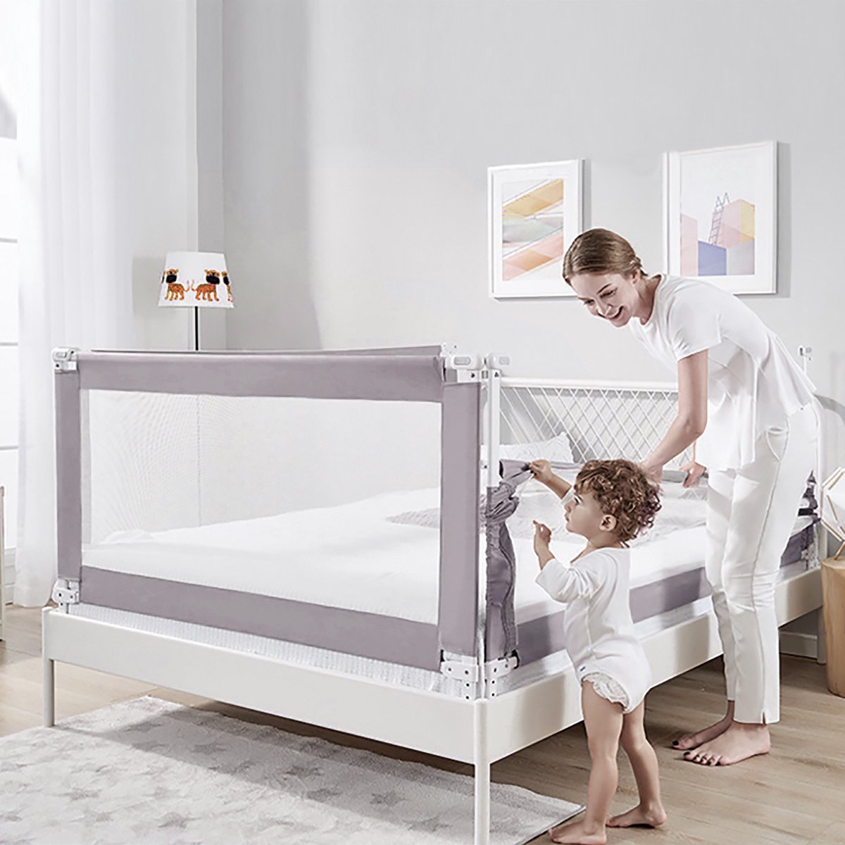 Barrière De Lit Enfant Réglable 64-96cm - Gris - Sécurité Anti-Chute