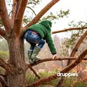 Kind in groene jas en jeans, klimmend in een boom. Draagt groene laarzen.