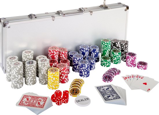 Afbeelding van het spel Poker - Pokerset - Poker set - Poker chips - Poker fiches - Poker kaarten - Poker koffer - Pokerkaarten - Inclusief koffer - 500 chips - 57.5 x 21 x 6.5 cm - Zilver